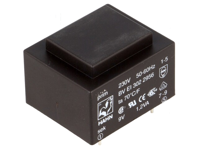 Transformator: ingegoten; 1,2VA; 230VAC; 9V; 133mA; PCB; BVEI Transformator: ingegoten; 1,2VA; 230VAC; 9V; 133mA; PCB; BVEI